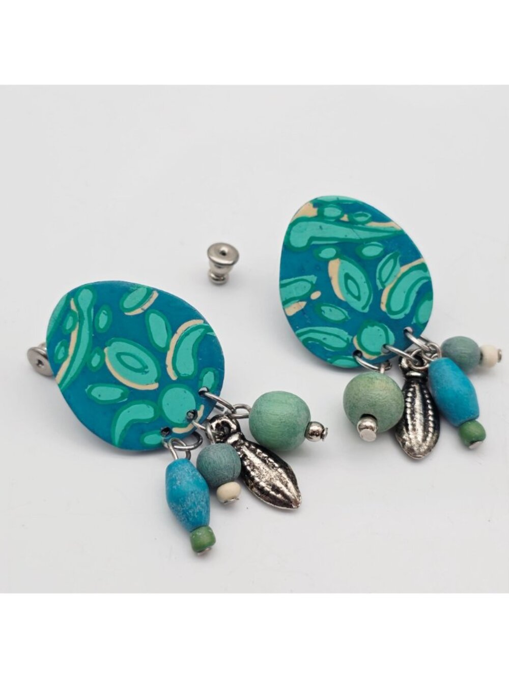 Wooden Boho Teardrop Earrings With Wooden Beads & Metal Charms - Picture 4 of 5